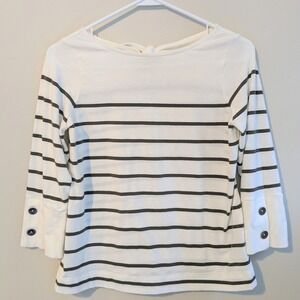 J. Jill Striped Tie Back Top Women's XS Petite 3/4 Sleeve‎ Olive Green and White